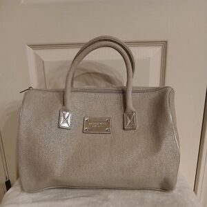 Michael Kors barrel duffel satchel bag tan/silver textured canvas silver trim